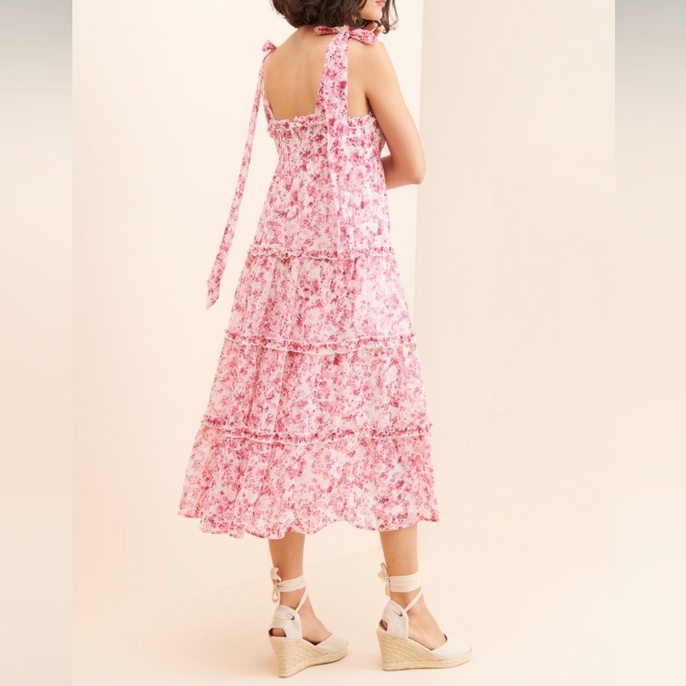 Tiered Pink Floral Midi Dress with Tie Straps